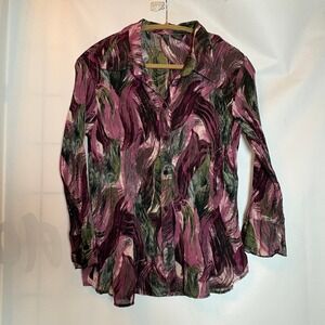 Y2K Serenade NY Womens Floral Print Pleated Button Up Blouse Shirt Top XL Fairy